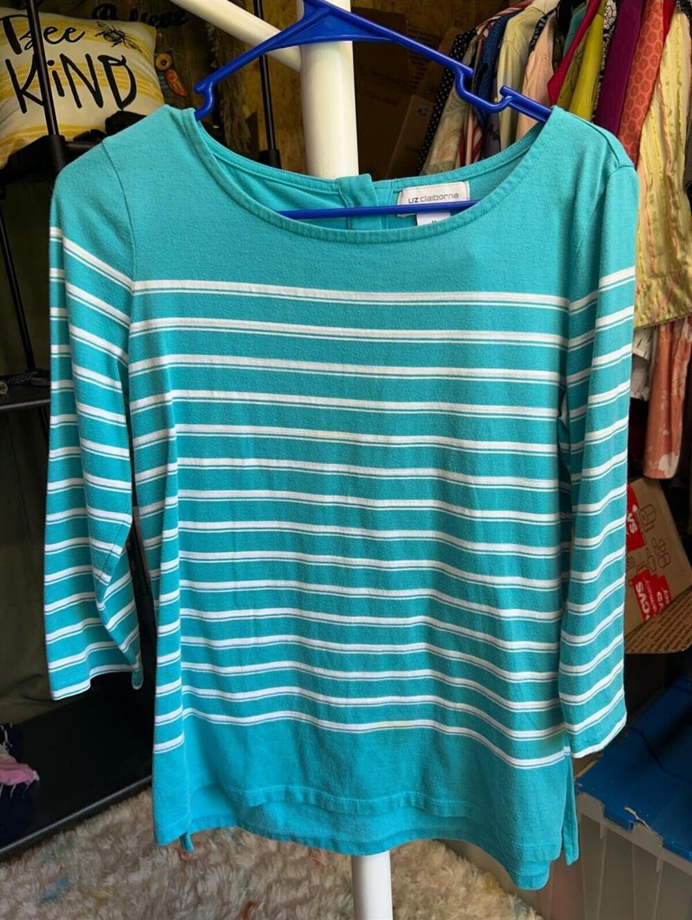 Liz Claiborne Medium Turquoise and White Striped 3/4 Sleeve Top
